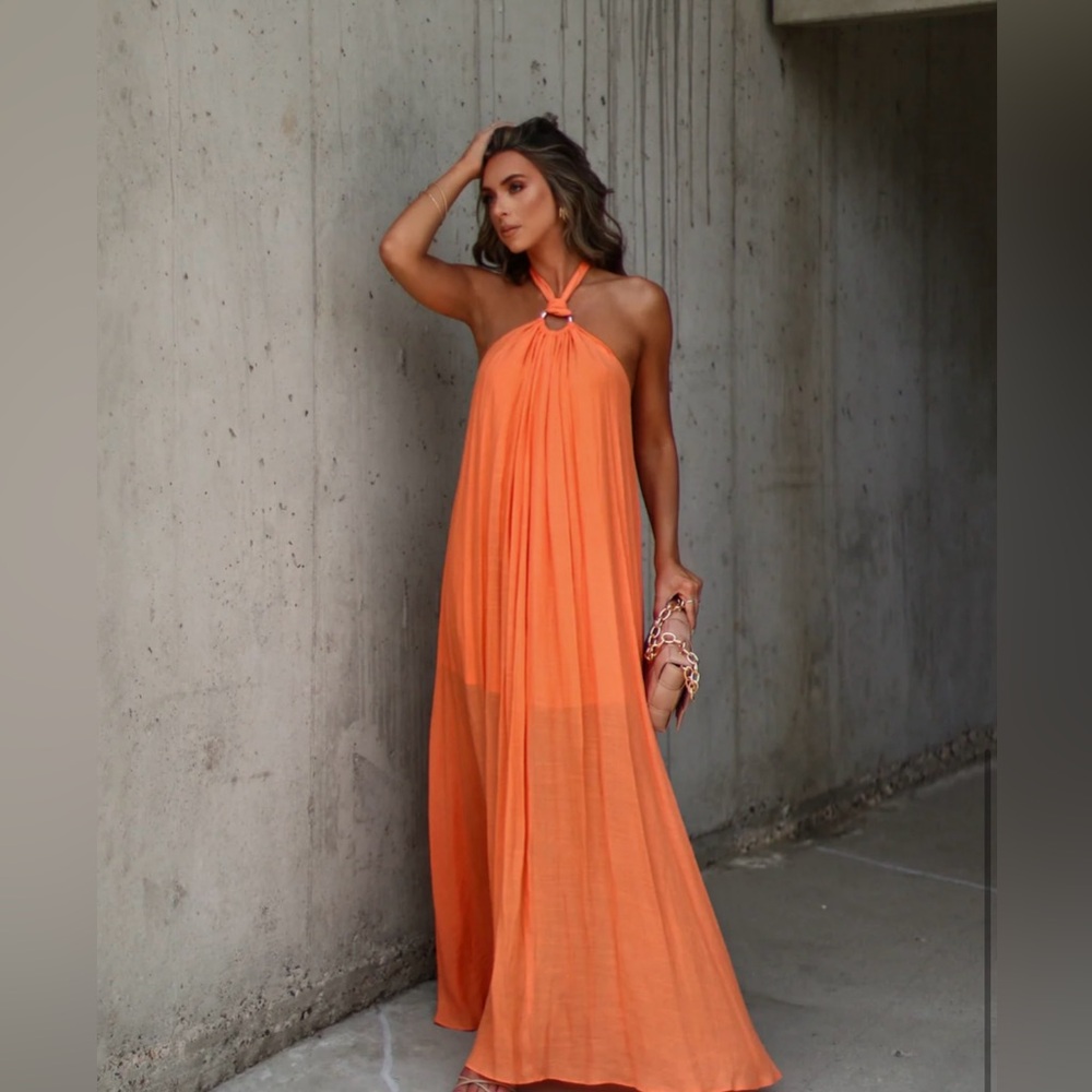 Elegant Orange Halter Maxi Dress
